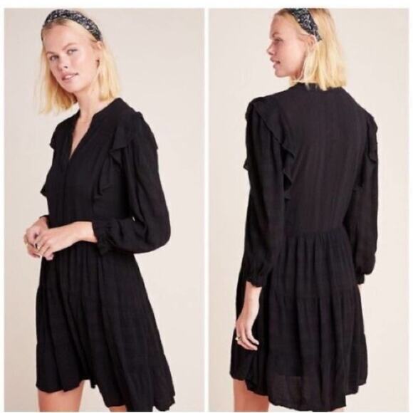 AMADI Dress Rossi Small Black Ruffled Boho Drop Waist V-Neck Tunic Anthropologie - Picture 1 of 13